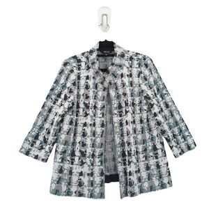 Misook Women S Cardigan Jacket White Blue Knit Acrylic Polyester Vintage VTG